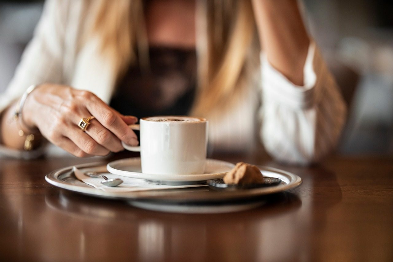 A cup of coffee on a wooden cafe table